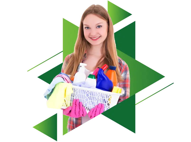 a girl in red shirt holding cleaning products in a basket