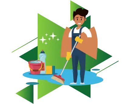 a boy cleaning floor with mop and cleaning products